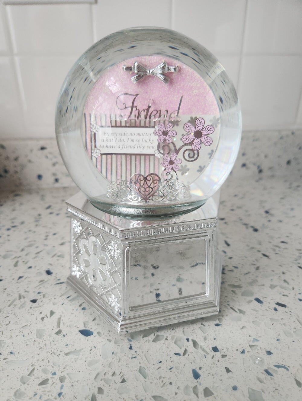 Friend Pink Floral Glass Globe on Silver Base